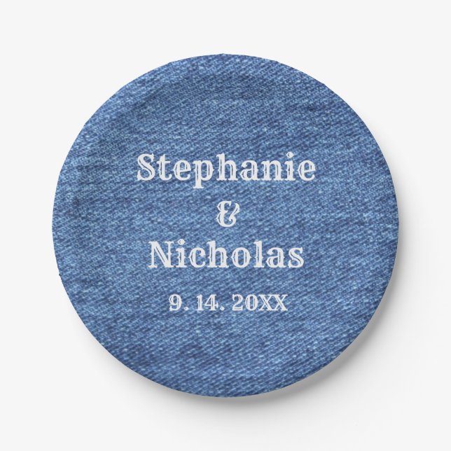 Blue White Denim Theme Wedding Paper Plates (Front)