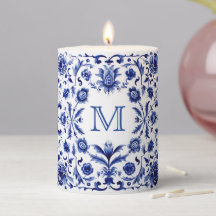 blue white design monogram Pillar Candle