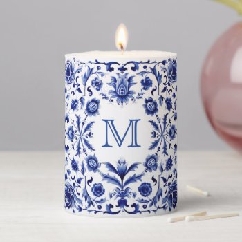 Blue White Design Monogram Pillar Candle by amoredesign at Zazzle