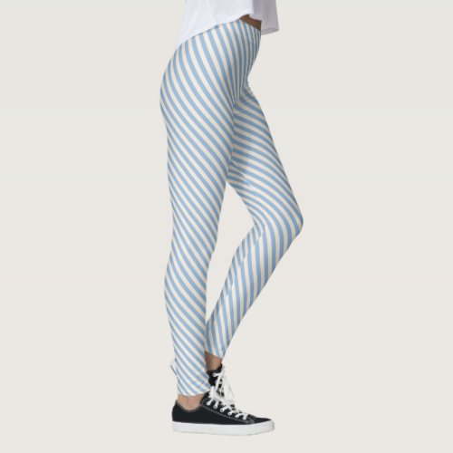 Blue White Diagonal Stripes Pattern Leggings