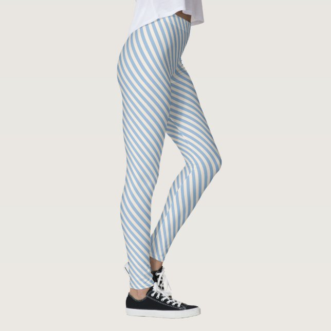 Blue White Diagonal Stripes Pattern Leggings (Right)