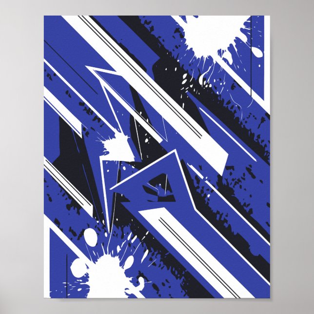 Blue & White Diagonal Stripes with Paint Splashes Poster (Front)