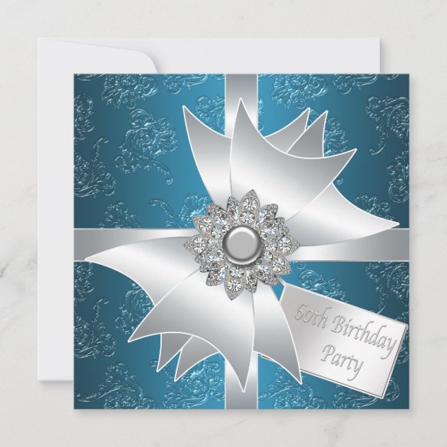 Blue White Diamond Bow Womans 60th Birthday Party Invitation (Front)