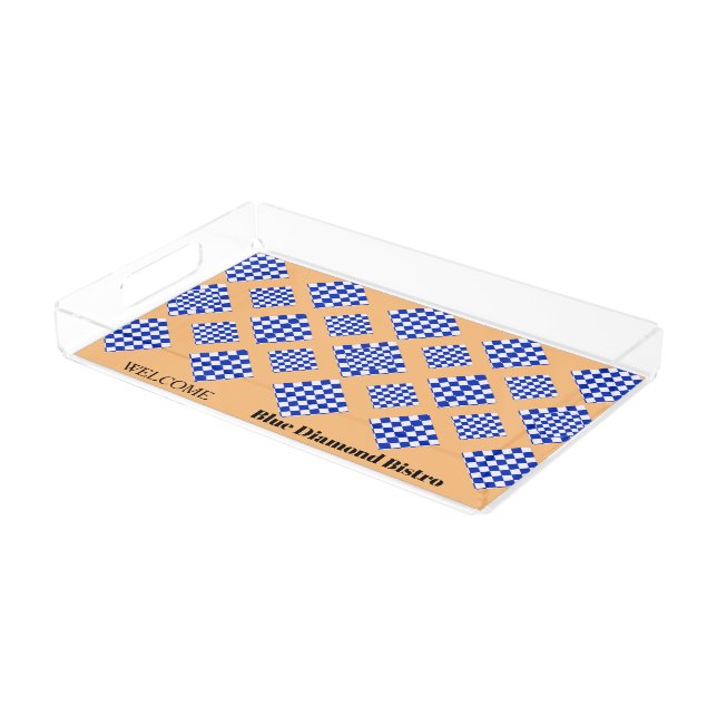 Blue White Diamond Pattern Beige Acrylic Tray (Angled)
