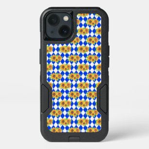 BLUE & WHITE DIAMOND WITH ORANGE SUNFLOWERS iPhone 13 CASE