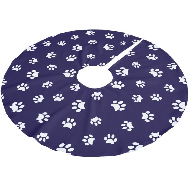 Blue White Dog Cat Paw Prints Pattern Christmas Brushed Polyester Tree Skirt (Angled)