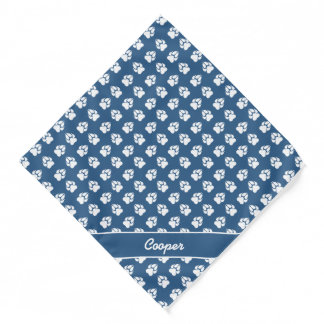 Blue & White Dog Paw Print Pattern And Custom Name Bandana