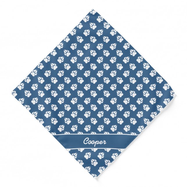Blue & White Dog Paw Print Pattern And Custom Name Bandana (Front)