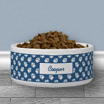 Blue & White Dog Paw Print Pattern And Custom Name Bowl<br><div class="desc">White dog paw print pattern on a blue background color. There is also a personalizable text area for a name.</div>