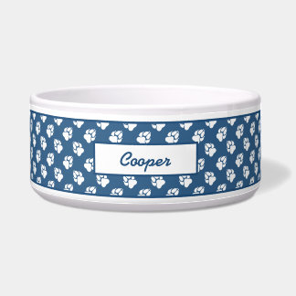 Blue & White Dog Paw Print Pattern And Custom Name Bowl