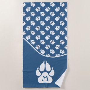 Blue & White Dog Paws With Custom Monogram Beach Towel