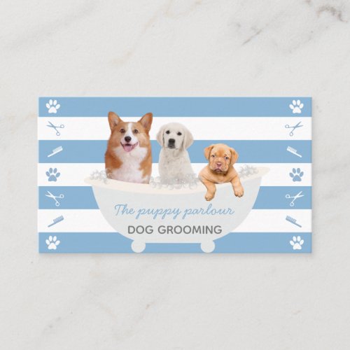 Blue white dogs bubble bath dog grooming service business card