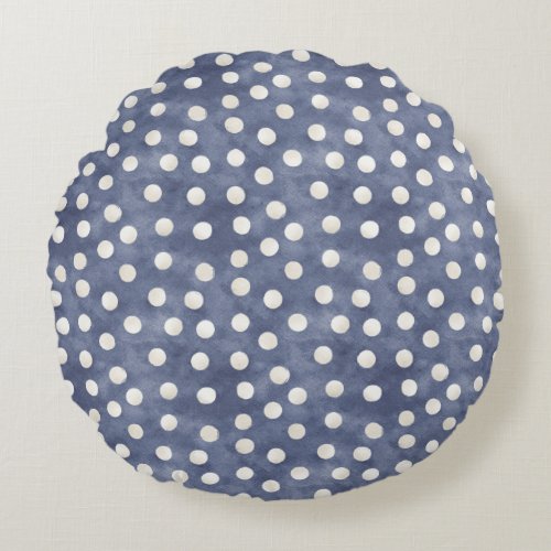 Blue White Dots   Round Pillow