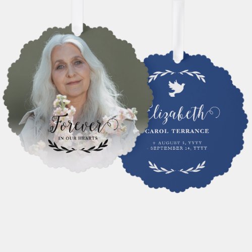 Blue White Dove Forever In Our Hearts Photo Ornament Card