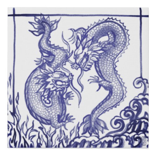 Blue  White Dragon Chinese Oriental Fire  Water Faux Canvas Print