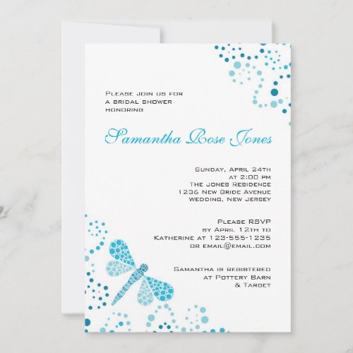 Blue  White Dragonfly Pointillism Bridal Shower Invitation