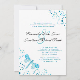 Blue & White Dragonfly Pointillism Custom Wedding Invitation