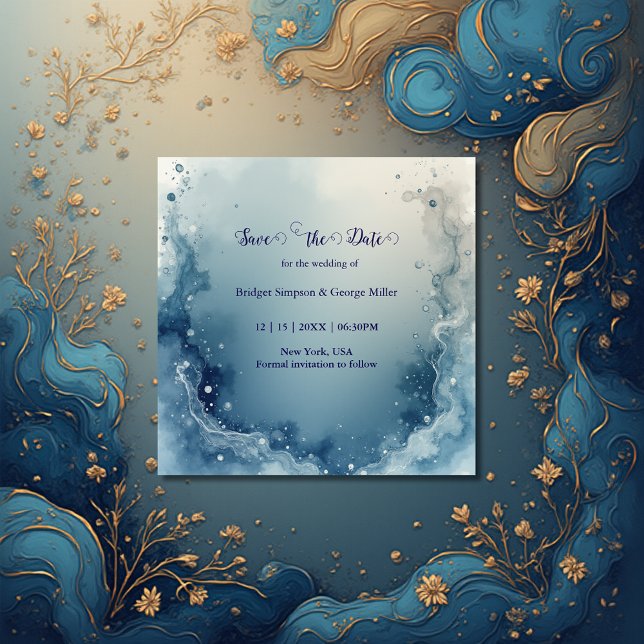 blue white Dreamy coastal marble ink wedding Save The Date (Creator Uploaded)