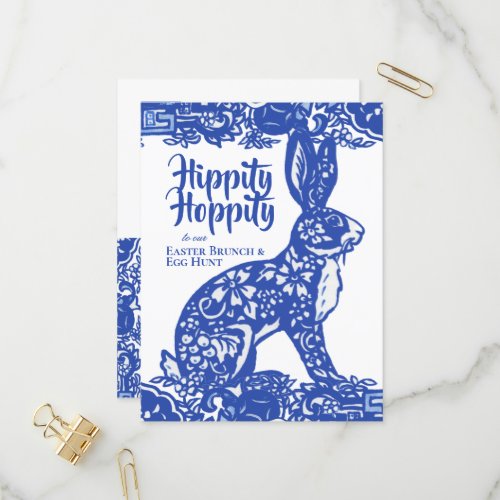 Blue  White Easter Bunny Brunch Egg Hunt Invitation Postcard