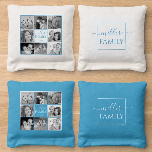 Blue white eight photos collage and name family cornhole bags (Wood)