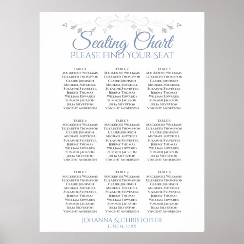 Blue  White Elegant 9 Table Wedding Seating Chart