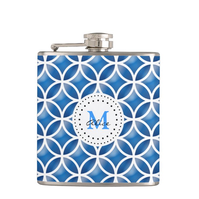 Blue White Elegant Abstract Circles Pattern Flask (Front)