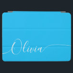 Blue White Elegant Calligraphy Script Name iPad Air Cover<br><div class="desc">Blue White Elegant Calligraphy Script Custom Personalized Add Your Own Name iPad Air Cover features a modern and trendy simple and stylish design with your personalized name or initials in elegant hand written calligraphy script typography on a metallic blue background. Perfect gift for birthday, Christmas, Mother's Day and stylish enough...</div>