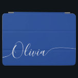 Blue White Elegant Calligraphy Script Name iPad Air Cover<br><div class="desc">Blue White Elegant Calligraphy Script Custom Personalized Add Your Own Name iPad Air Cover features a modern and trendy simple and stylish design with your personalized name or initials in elegant hand written calligraphy script typography on a blue background. Perfect gift for birthday, Christmas, Mother's Day and stylish enough for...</div>