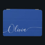 Blue White Elegant Calligraphy Script Name iPad Mini Cover<br><div class="desc">Blue White Elegant Calligraphy Script Custom Personalized Add Your Own Name iPad Air Cover features a modern and trendy simple and stylish design with your personalized name or initials in elegant hand written calligraphy script typography on a blue background. Perfect gift for birthday, Christmas, Mother's Day and stylish enough for...</div>