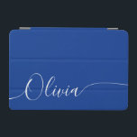 Blue White Elegant Calligraphy Script Name iPad Mini Cover<br><div class="desc">Blue White Elegant Calligraphy Script Custom Personalized Add Your Own Name iPad Air Cover features a modern and trendy simple and stylish design with your personalized name or initials in elegant hand written calligraphy script typography on a blue background. Perfect gift for birthday, Christmas, Mother's Day and stylish enough for...</div>
