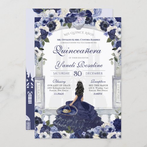 Blue White Elegant Charro Princess Quinceanera Invitation