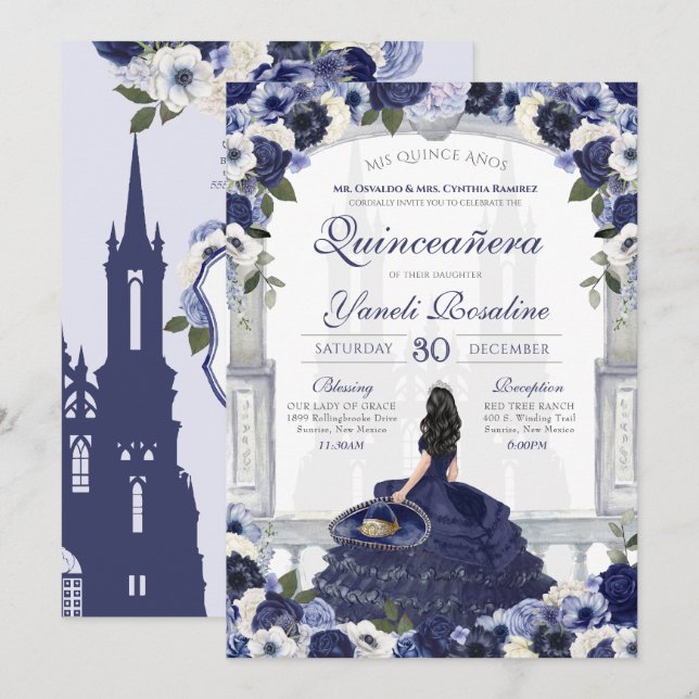 Blue White Elegant Charro Princess Quinceanera Invitation (Front/Back)