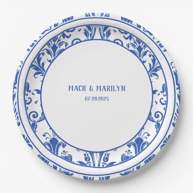 Blue & White Elegant Floral Damask Wedding Dinner Paper Plates (Front)