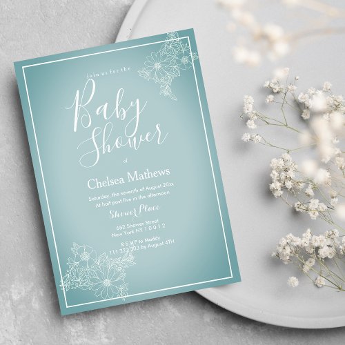 Blue white elegant floral gradient Baby Shower  In Invitation