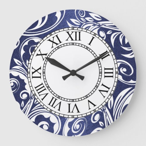 Blue white elegant florals roman numerals large clock