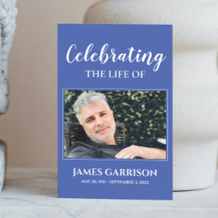 Blue White Elegant Funeral Prayer Card with Photo