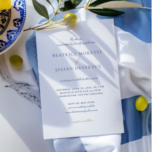Blue & White Elegant Mediterranean RSVP Wedding Invitation