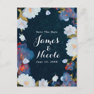 Blue & White Elegant Modern Floral Save the Date Announcement Postcard