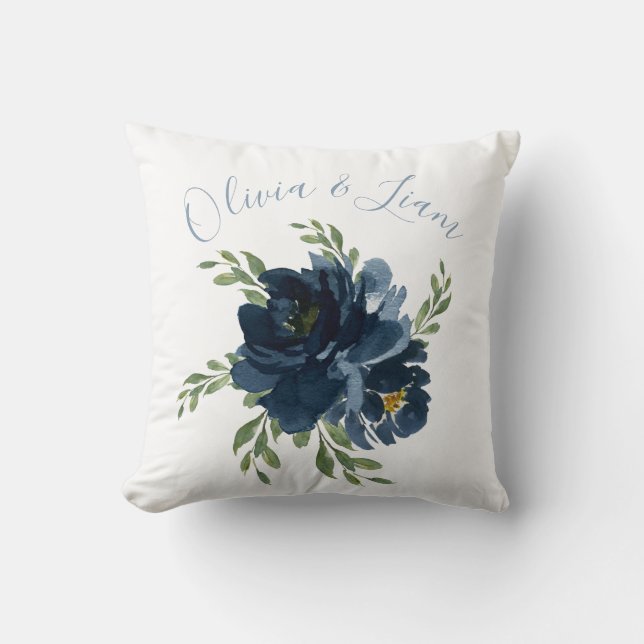 Blue & White Elegant Names Watercolor Wedding Throw Pillow (Front)
