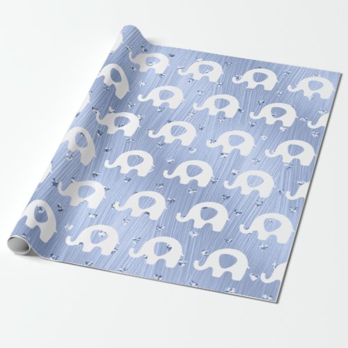 Blue White Elephant Baby Shower Princess Boy Wrapping Paper