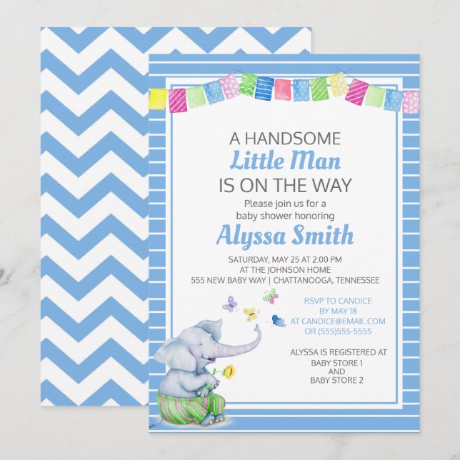 Blue White Elephant Butterflies Baby Boy Shower Invitation (Front/Back)