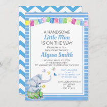 Blue White Elephant Butterflies Baby Boy Shower Invitation