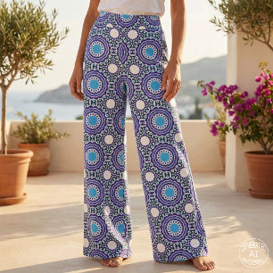 Blue White Ethnic Bohemian Mosaic Mandala Pattern Fabric