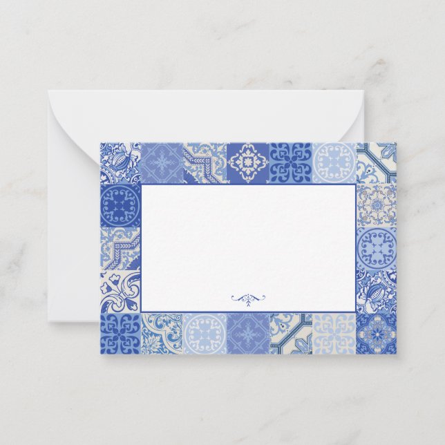 Blue white Ethnic Boho Mediterranean Tiles Note Card (Front)