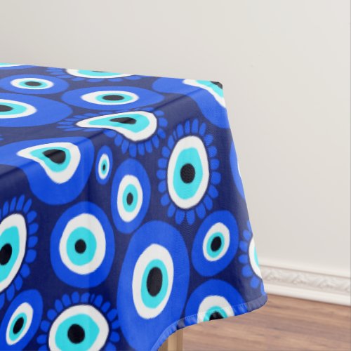 Blue White Evil Eye Lucky Charm Symbol Patterned Tablecloth