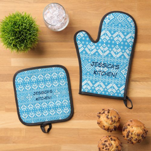 Blue White Fair isle Pattern Background Oven Mitt  Pot Holder Set