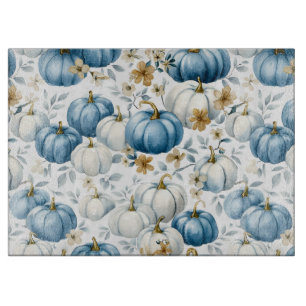 BLUE & WHITE FALL PUMPKINS & GOLD FLOWERS CUTTING BOARD