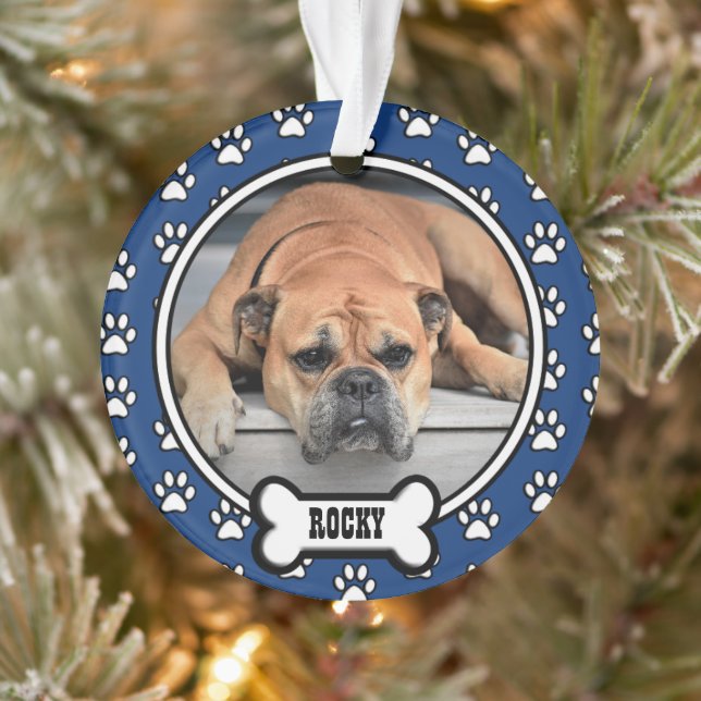Blue|White Family Pet Memorial Photo Frame Acrylic Ornament (Tree)