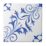 Blue White Farmhouse Rustic Scroll n Leaf Pattern  Ceramic Tile<br><div class="desc">RIGHT - "Blue White Farmhouse Rustic Scroll n Leaf Pattern, Country Chic style, ceramic tile" was created to use as a repeat tile pattern (see left and right hand tiles in the collection for straight line) and is part of a set of tiles for home decor, kitchen, bathroom or design...</div>