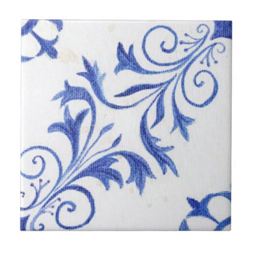 Blue White Farmhouse Rustic Scroll n Leaf Pattern  Ceramic Tile